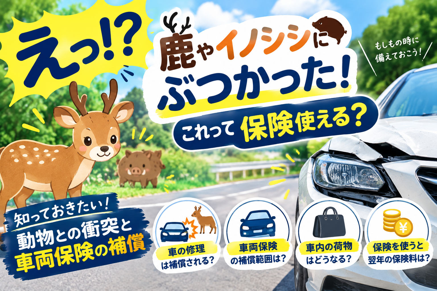 鹿やイノシシにぶつかった！車両保険は使える？補償内容と注意点を解説